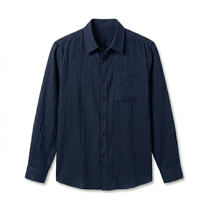 Relaxed Linen Long Sleeve Shirt Chest Pocket Navy 1