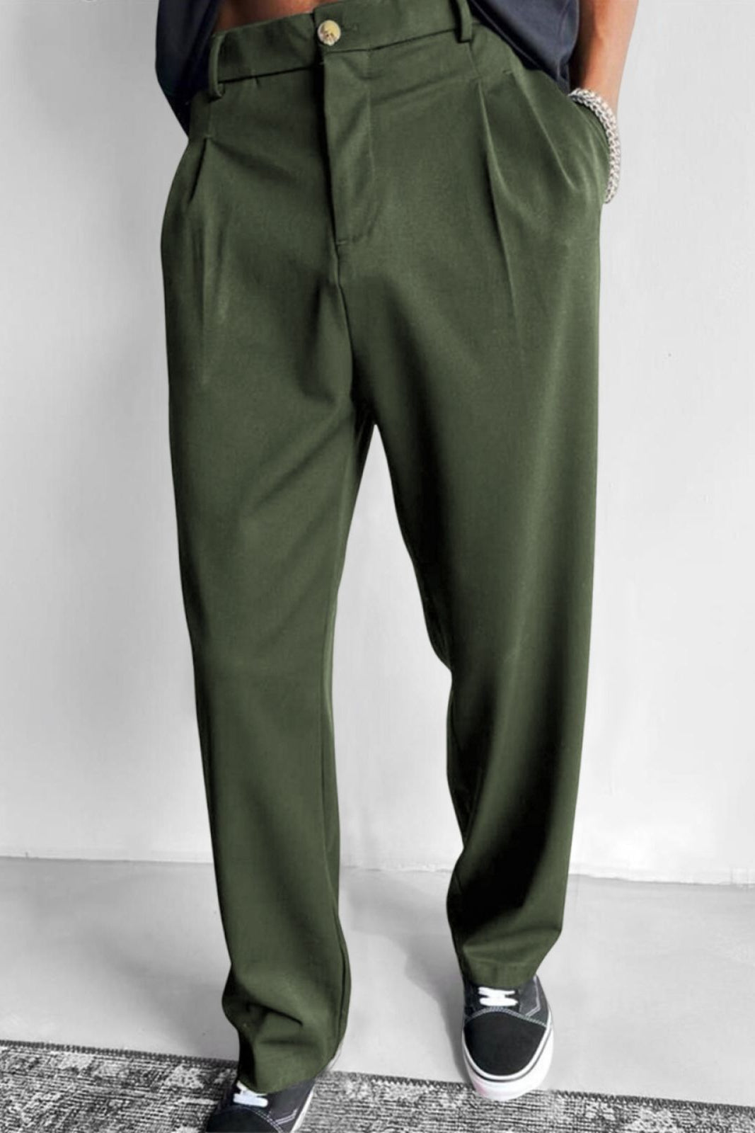 Relaxed Pleated Straight Leg Pants Army Green 1