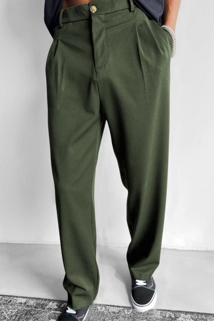 Relaxed Pleated Straight Leg Pants Army Green 1