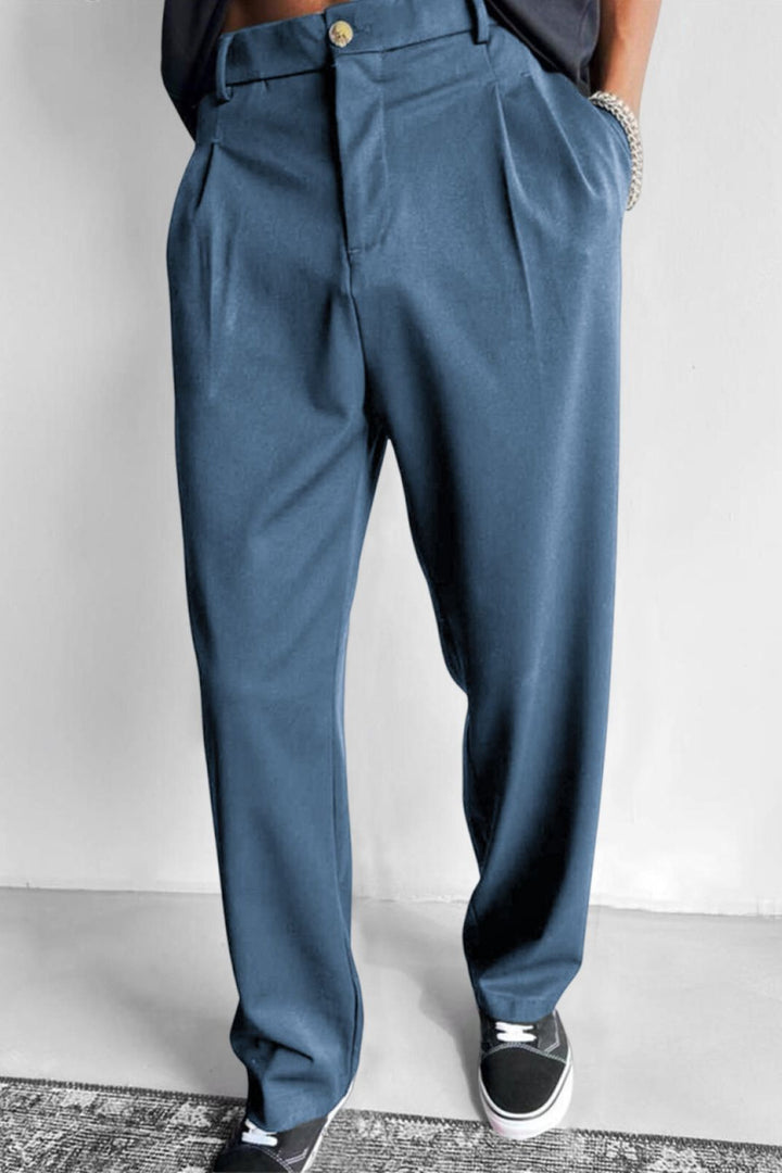 Relaxed Pleated Straight Leg Pants Blue 1