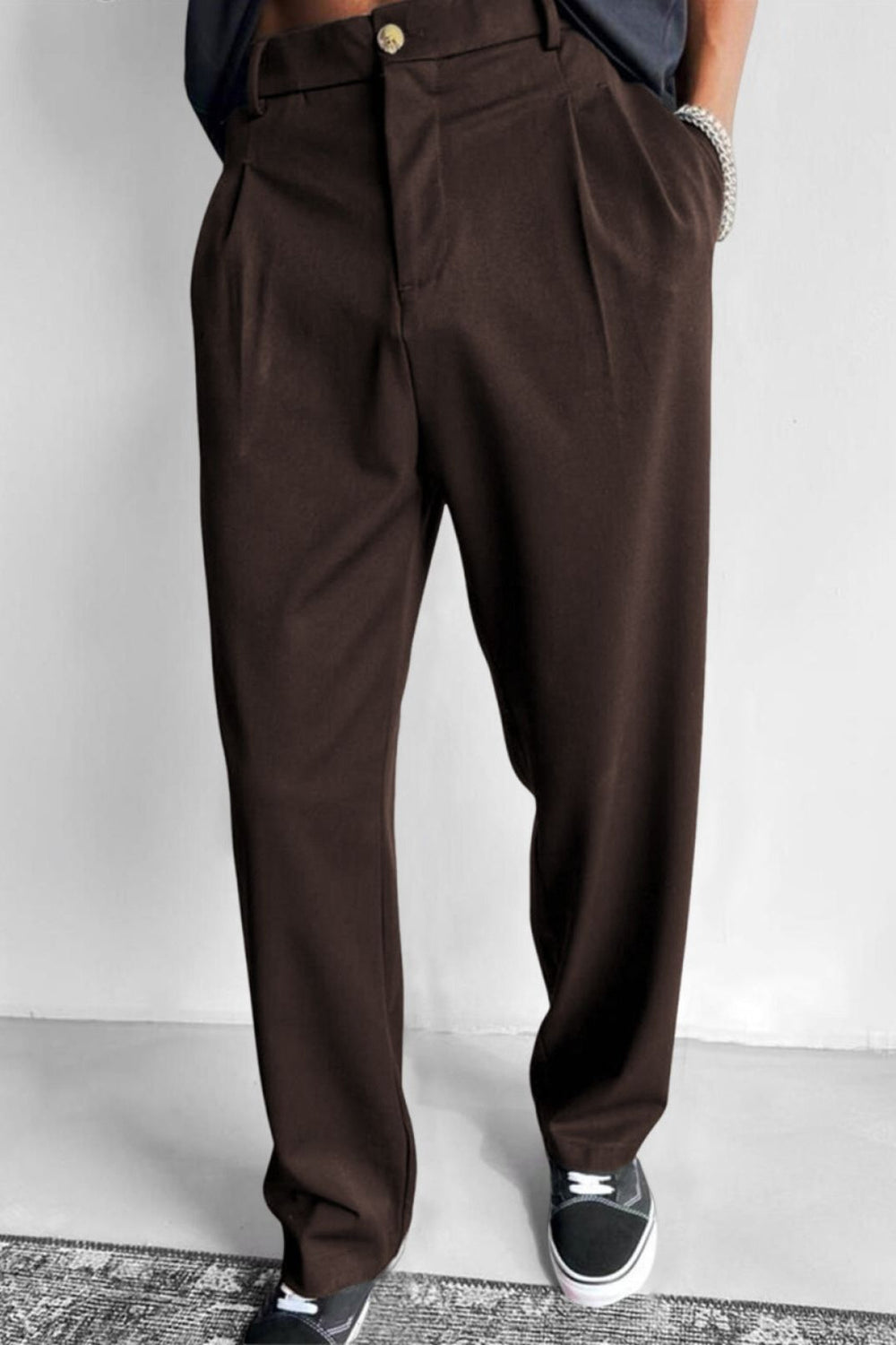 Relaxed Pleated Straight Leg Pants Brown 1