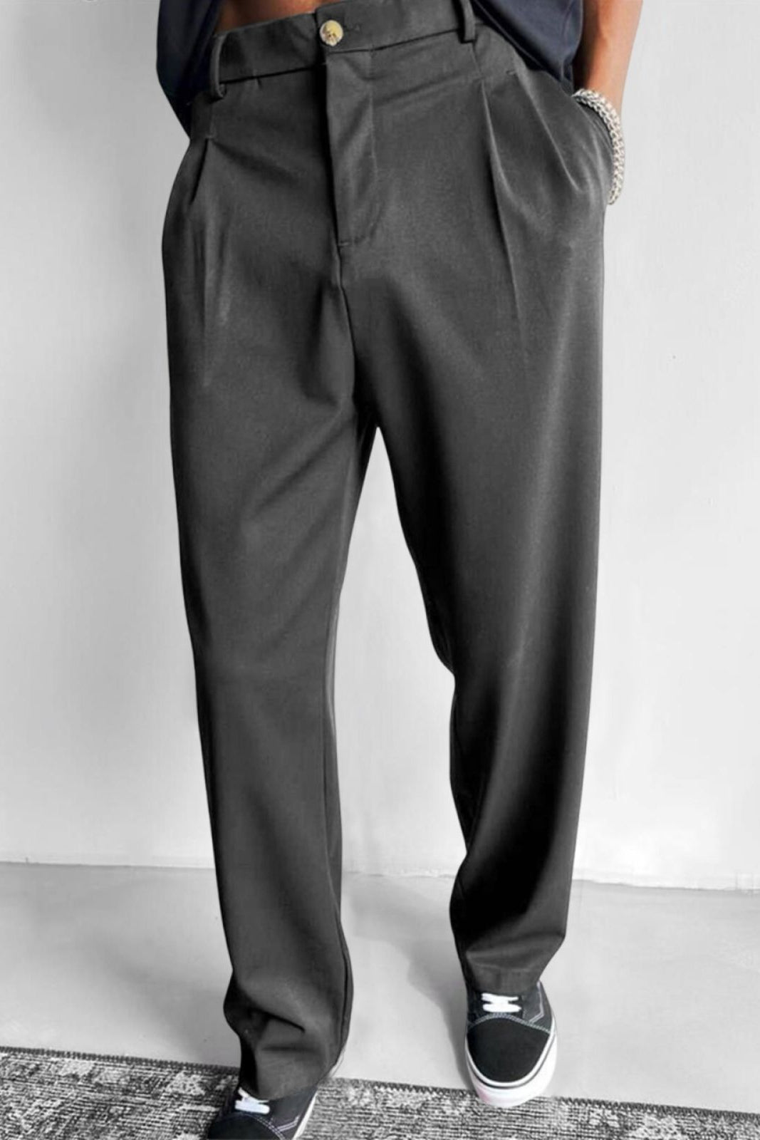 Relaxed Pleated Straight Leg Pants Dark Gray 1