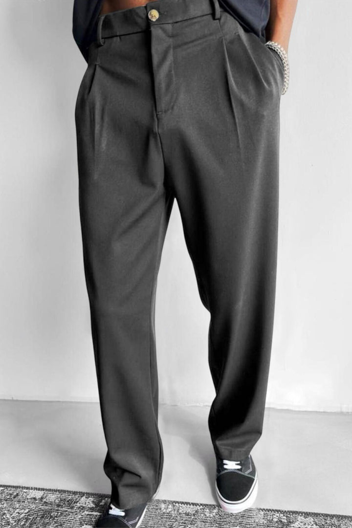 Relaxed Pleated Straight Leg Pants Dark Gray 1