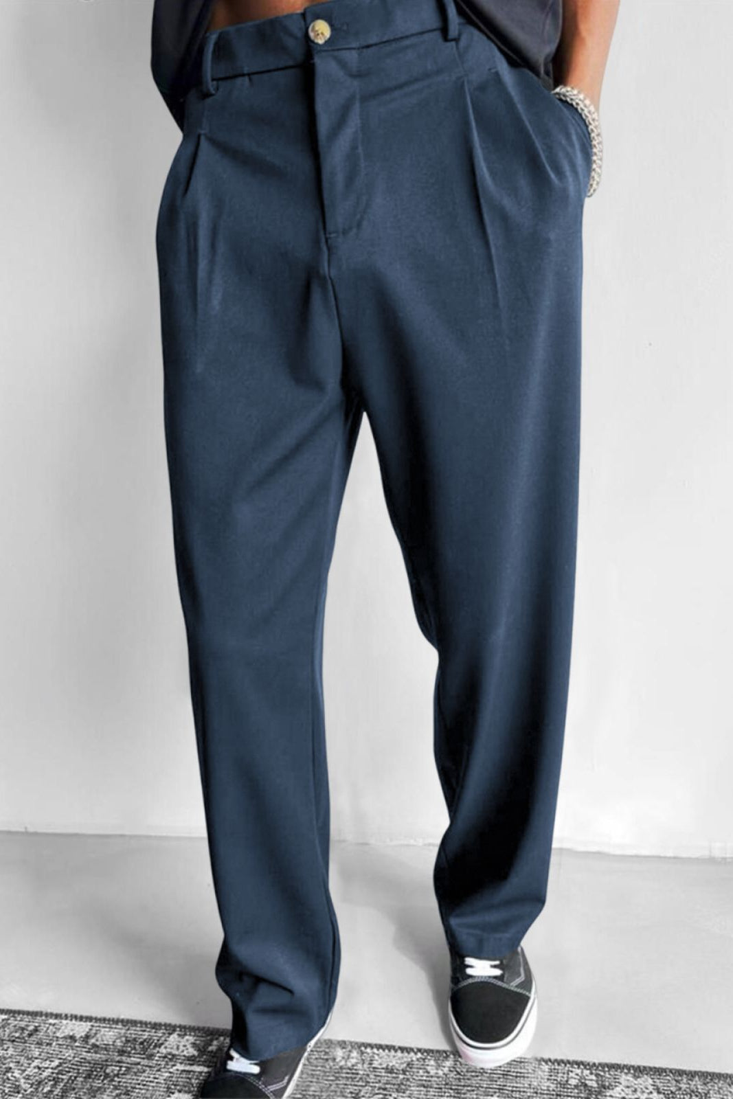 Relaxed Pleated Straight Leg Pants Navy 1