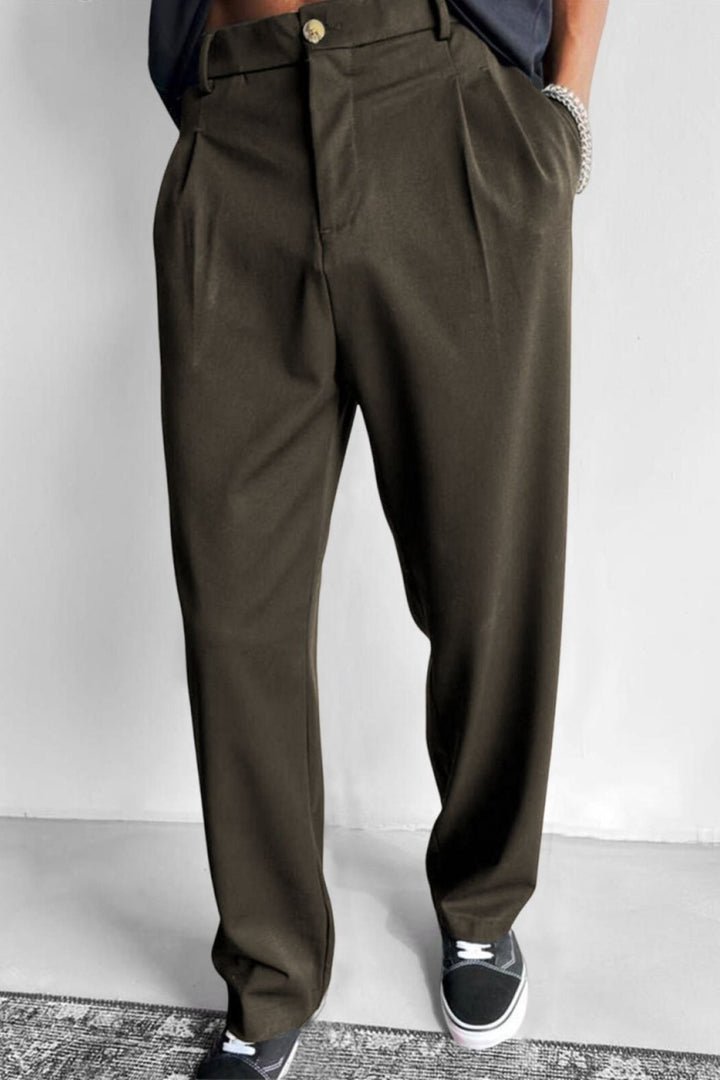 Relaxed Pleated Straight Leg Pants Olive 1