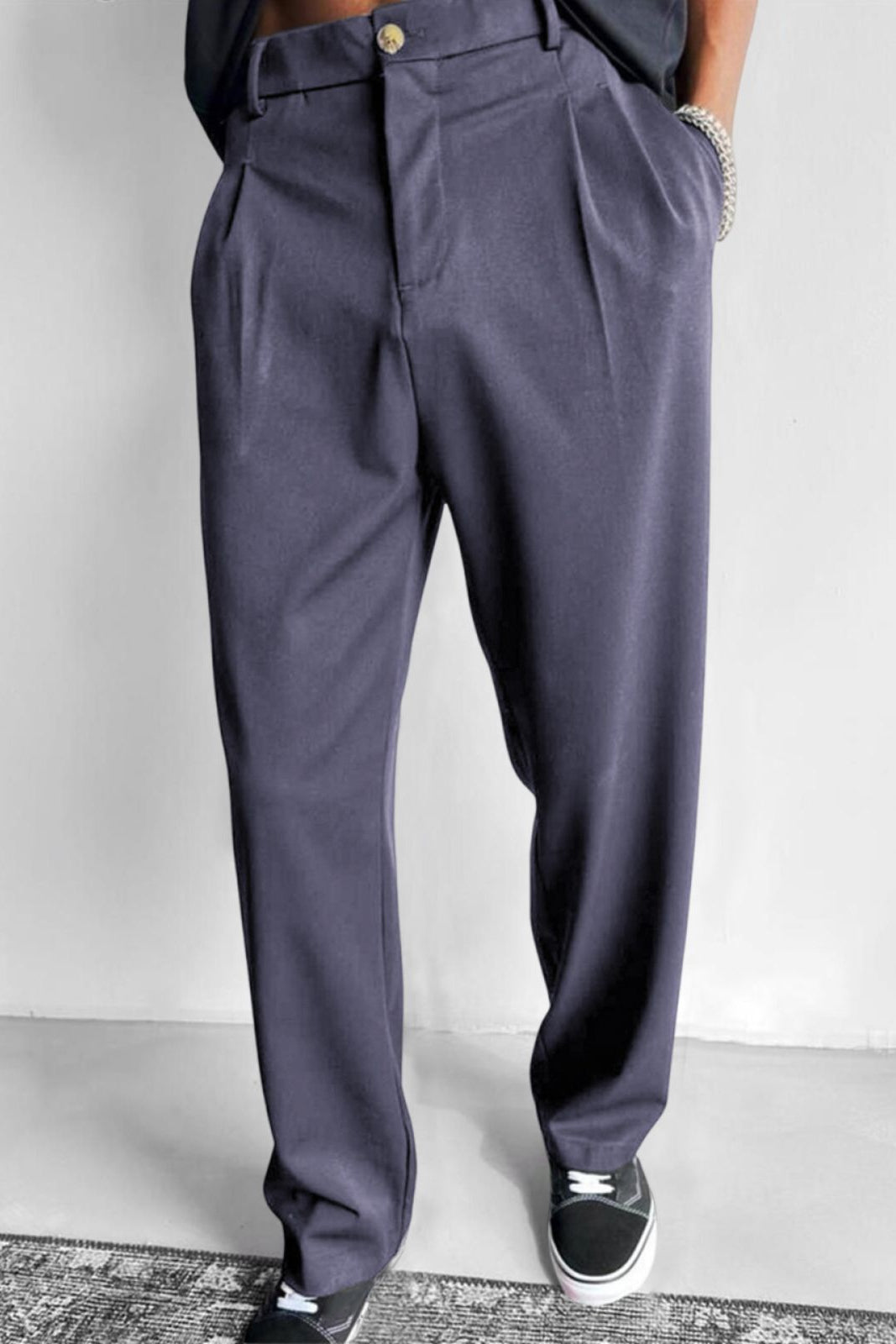 Relaxed Pleated Straight Leg Pants Slate Gray 1