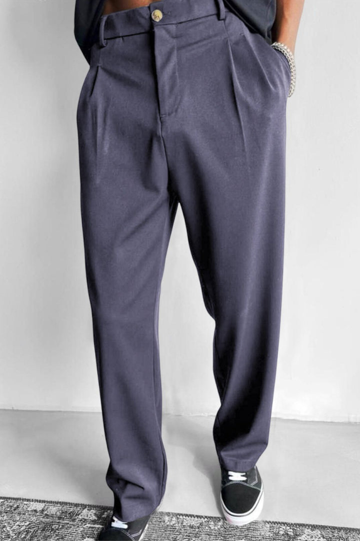 Relaxed Pleated Straight Leg Pants Slate Gray 1