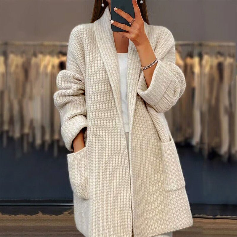 Relaxed Ribbed Knit Open Front Cardigan Shawl Collar Beige 1