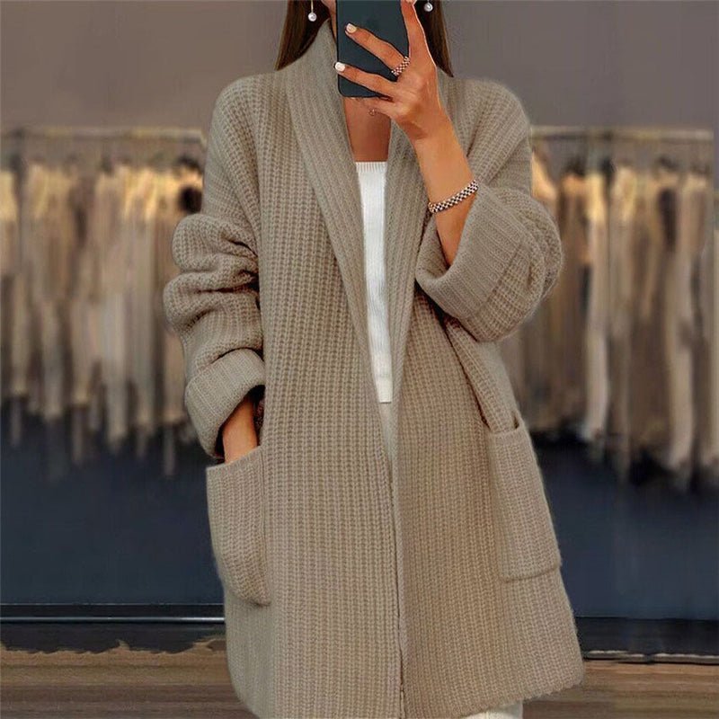 Relaxed Ribbed Knit Open Front Cardigan Shawl Collar Gray 1