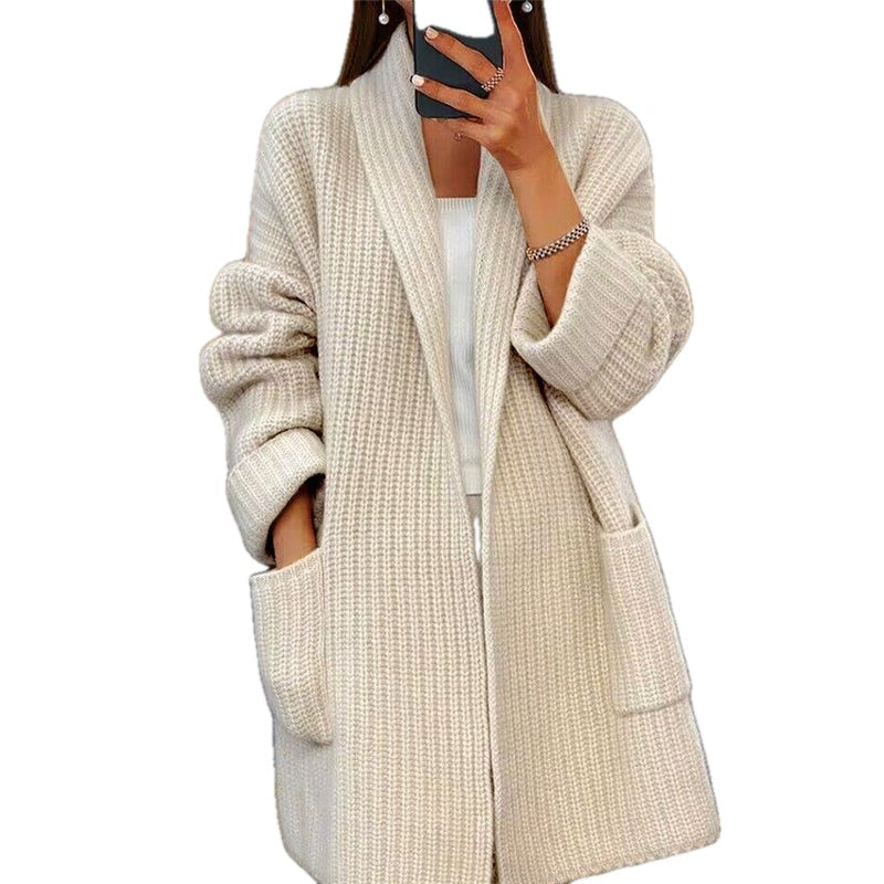 Relaxed Ribbed Knit Open Front Cardigan Shawl Collar on white