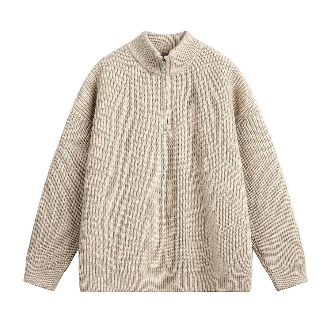 Relaxed Ribbed Knit Quarter Zip Sweater Stand Collar Set of 3 Beige 1