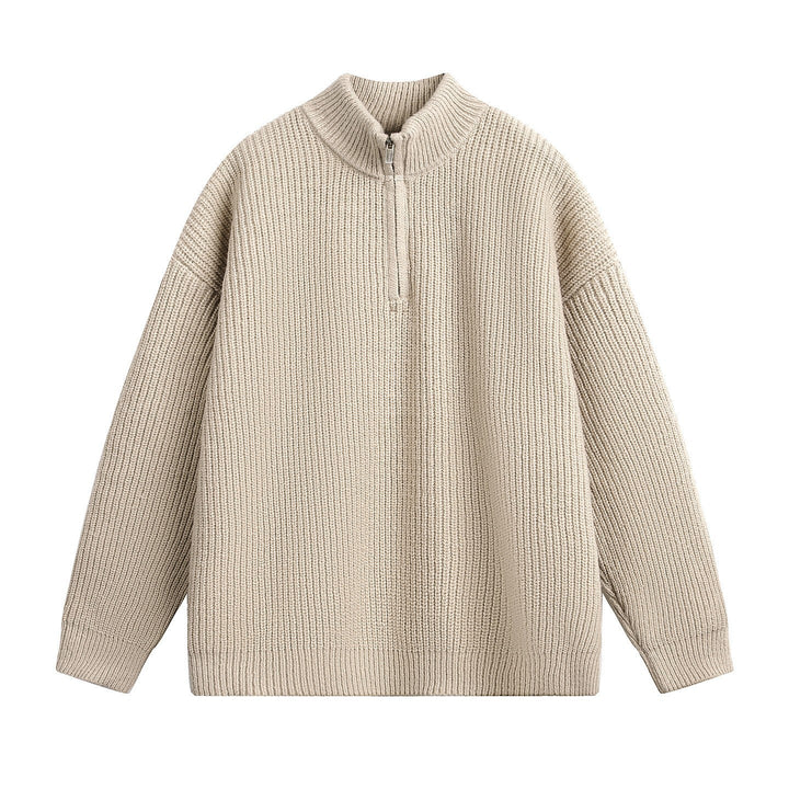 Relaxed Ribbed Knit Quarter Zip Sweater Stand Collar Set of 3 Beige 1