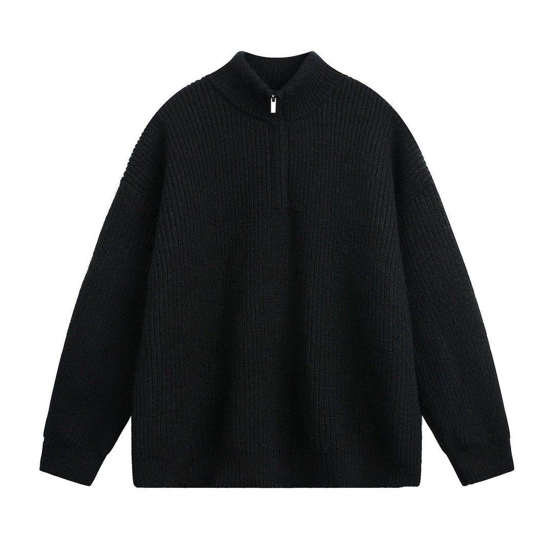 Relaxed Ribbed Knit Quarter Zip Sweater Stand Collar Set of 3 Black 1