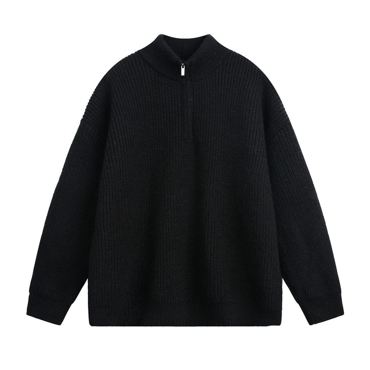 Relaxed Ribbed Knit Quarter Zip Sweater Stand Collar Set of 3 Black 1