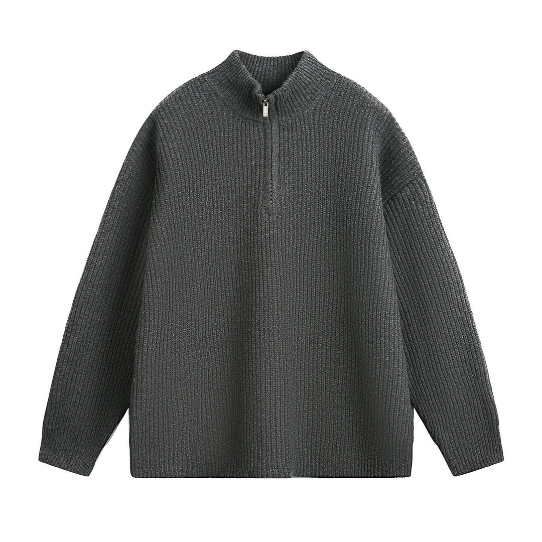 Relaxed Ribbed Knit Quarter Zip Sweater Stand Collar Set of 3 Dark Gray 1