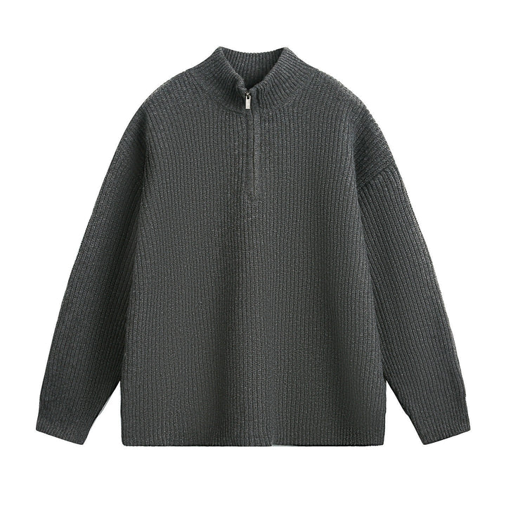 Relaxed Ribbed Knit Quarter Zip Sweater Stand Collar Set of 3 Dark Gray 1