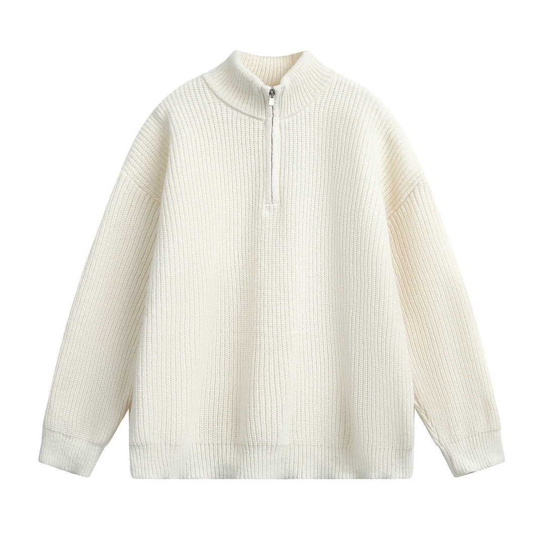 Relaxed Ribbed Knit Quarter Zip Sweater Stand Collar Set of 3 Off White 1