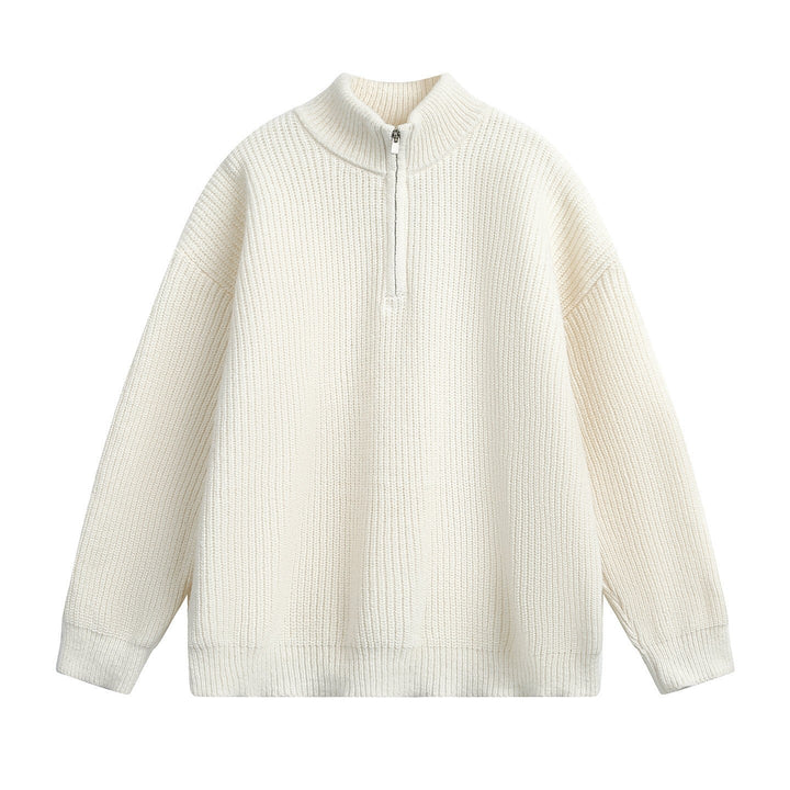 Relaxed Ribbed Knit Quarter Zip Sweater Stand Collar Set of 3 Off White 1