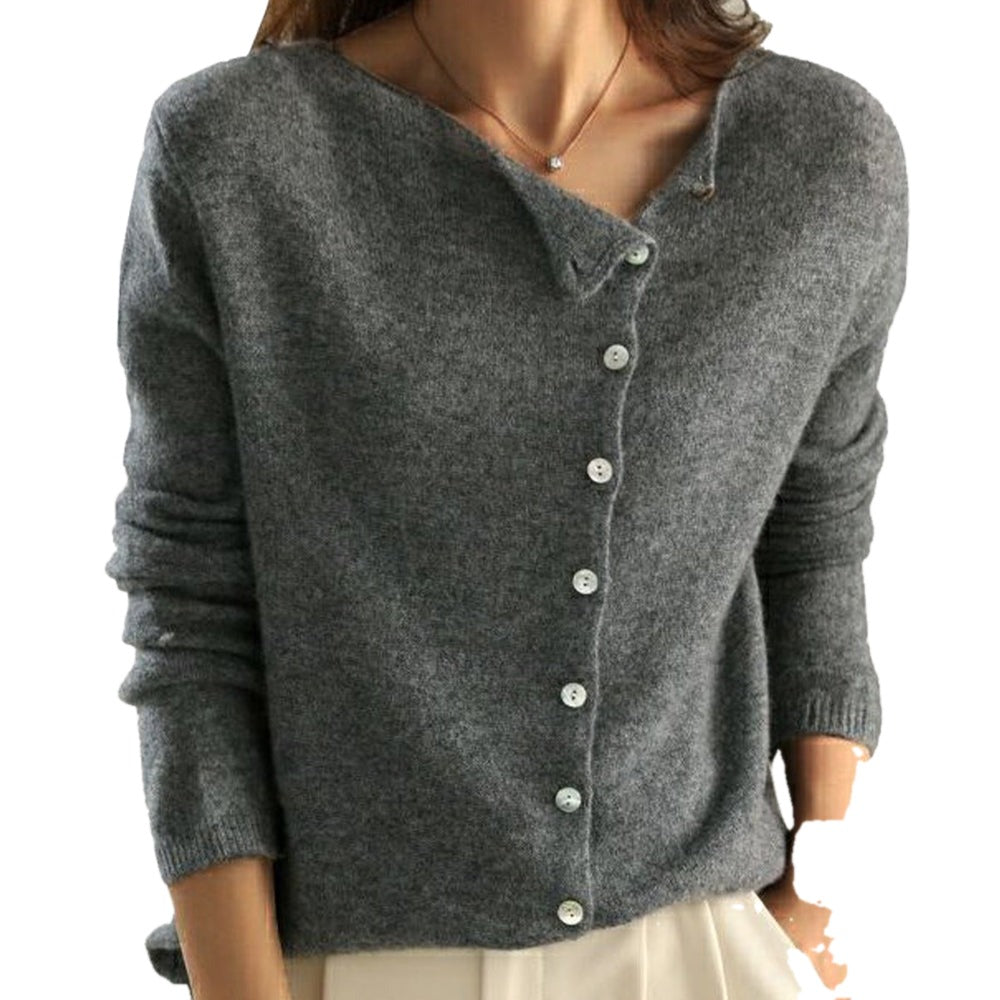 Relaxed Round Neck Button Front Cardigan on white