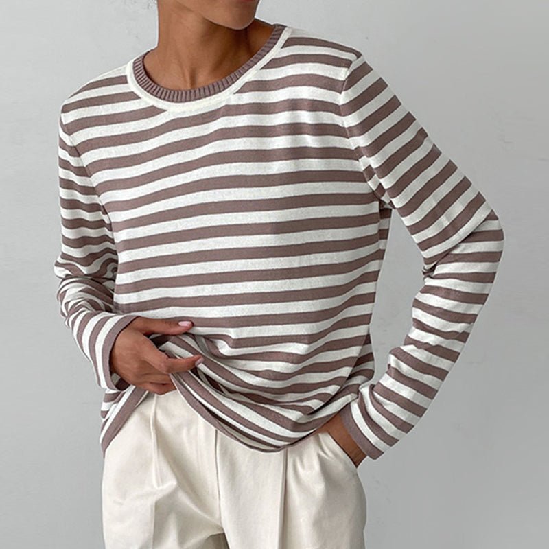 Relaxed Striped Long Sleeve Crew Neck Top Brown 1