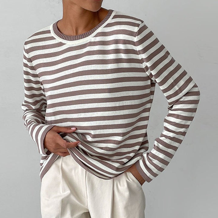 Relaxed Striped Long Sleeve Crew Neck Top Brown 1