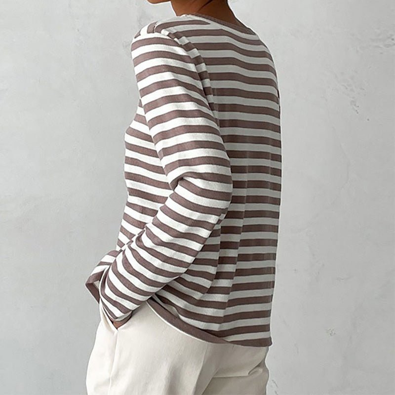 Relaxed Striped Long Sleeve Crew Neck Top Brown 2