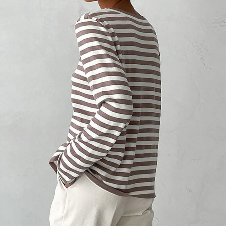 Relaxed Striped Long Sleeve Crew Neck Top Brown 2