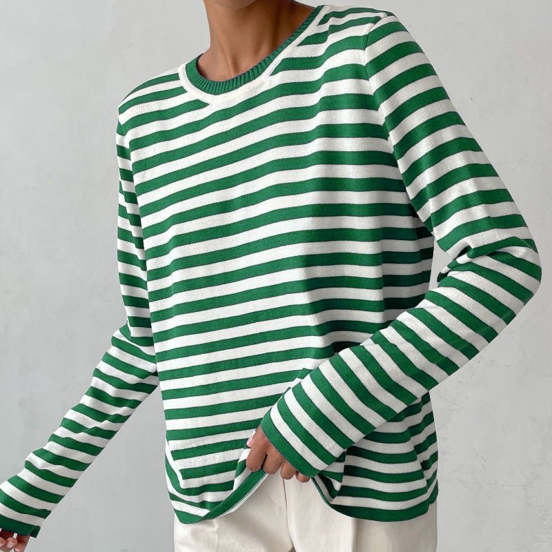 Relaxed Striped Long Sleeve Crew Neck Top Green 1