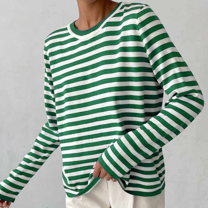 Relaxed Striped Long Sleeve Crew Neck Top Green 1