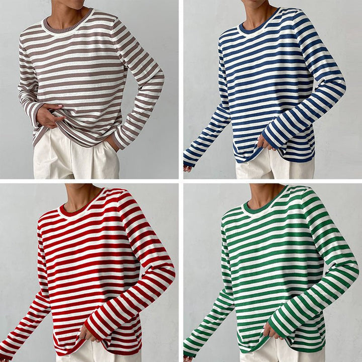 Relaxed Striped Long Sleeve Crew Neck Top Green 2