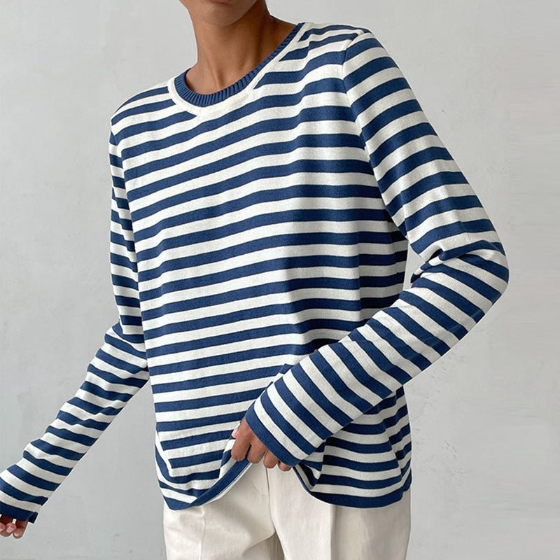 Relaxed Striped Long Sleeve Crew Neck Top Navy 1
