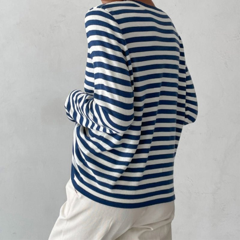 Relaxed Striped Long Sleeve Crew Neck Top Navy 2