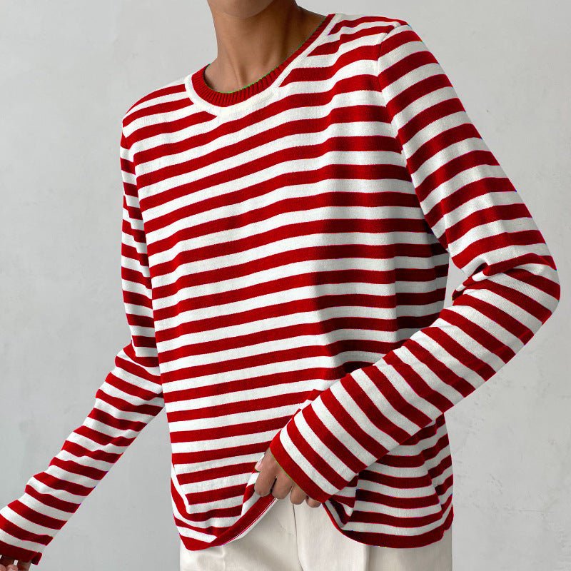 Relaxed Striped Long Sleeve Crew Neck Top Red 1