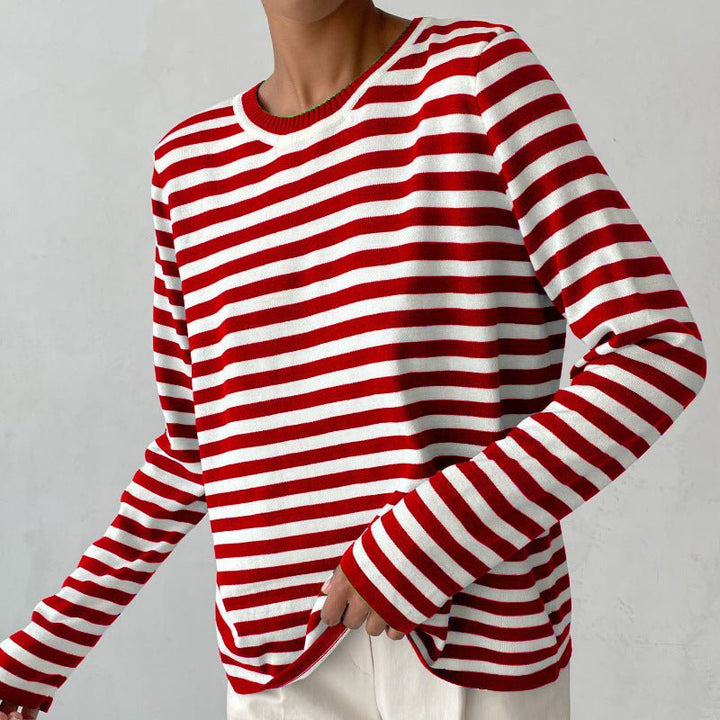 Relaxed Striped Long Sleeve Crew Neck Top Red 1