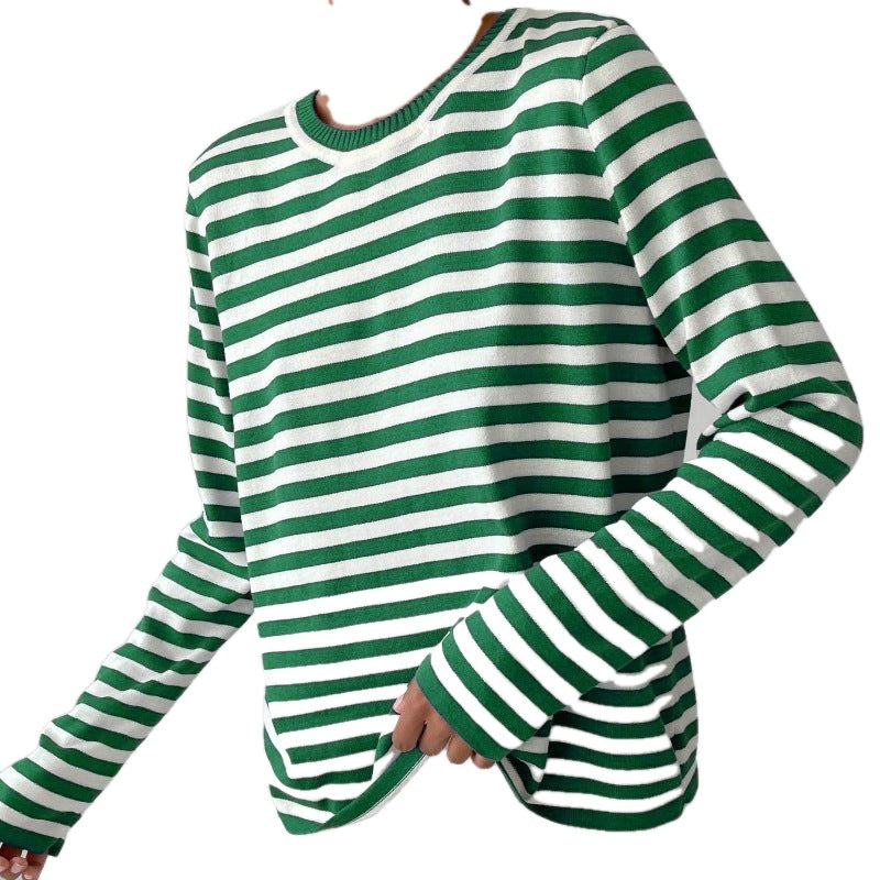 Relaxed Striped Long Sleeve Crew Neck Top on white