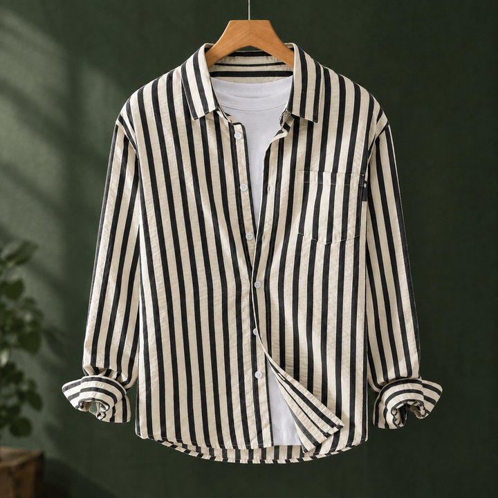 Relaxed Vertical Stripe Button Up Shirt Black Stripe 1