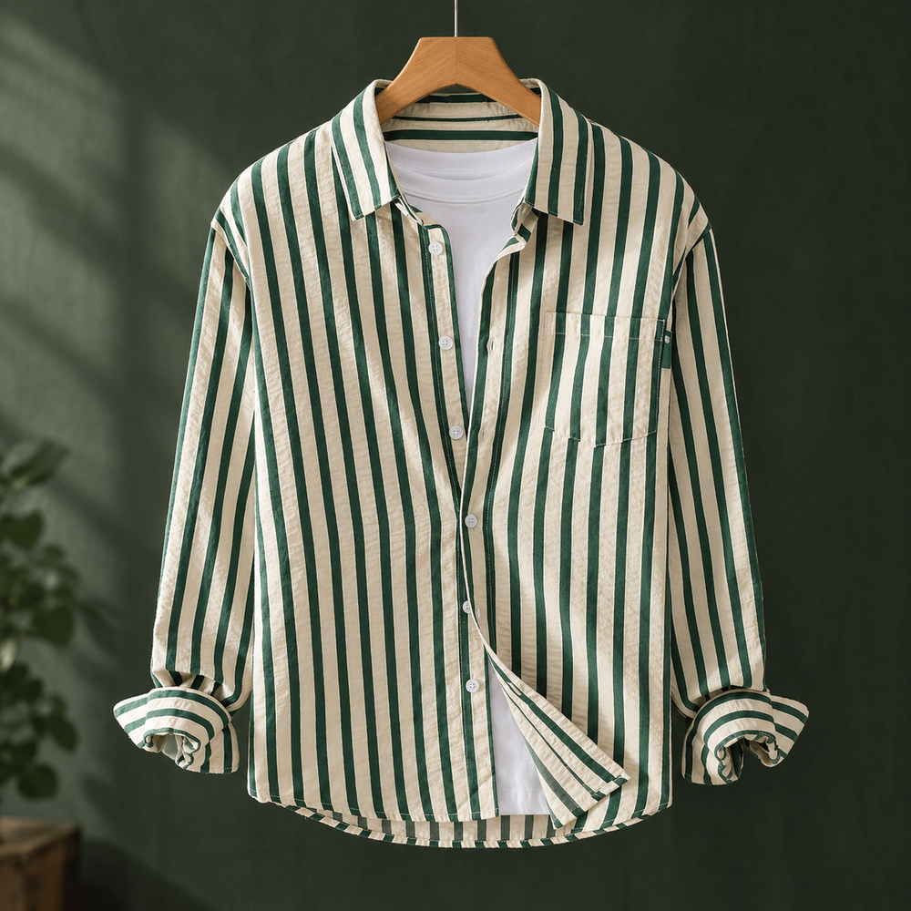 Relaxed Vertical Stripe Button Up Shirt Green Stripe 1