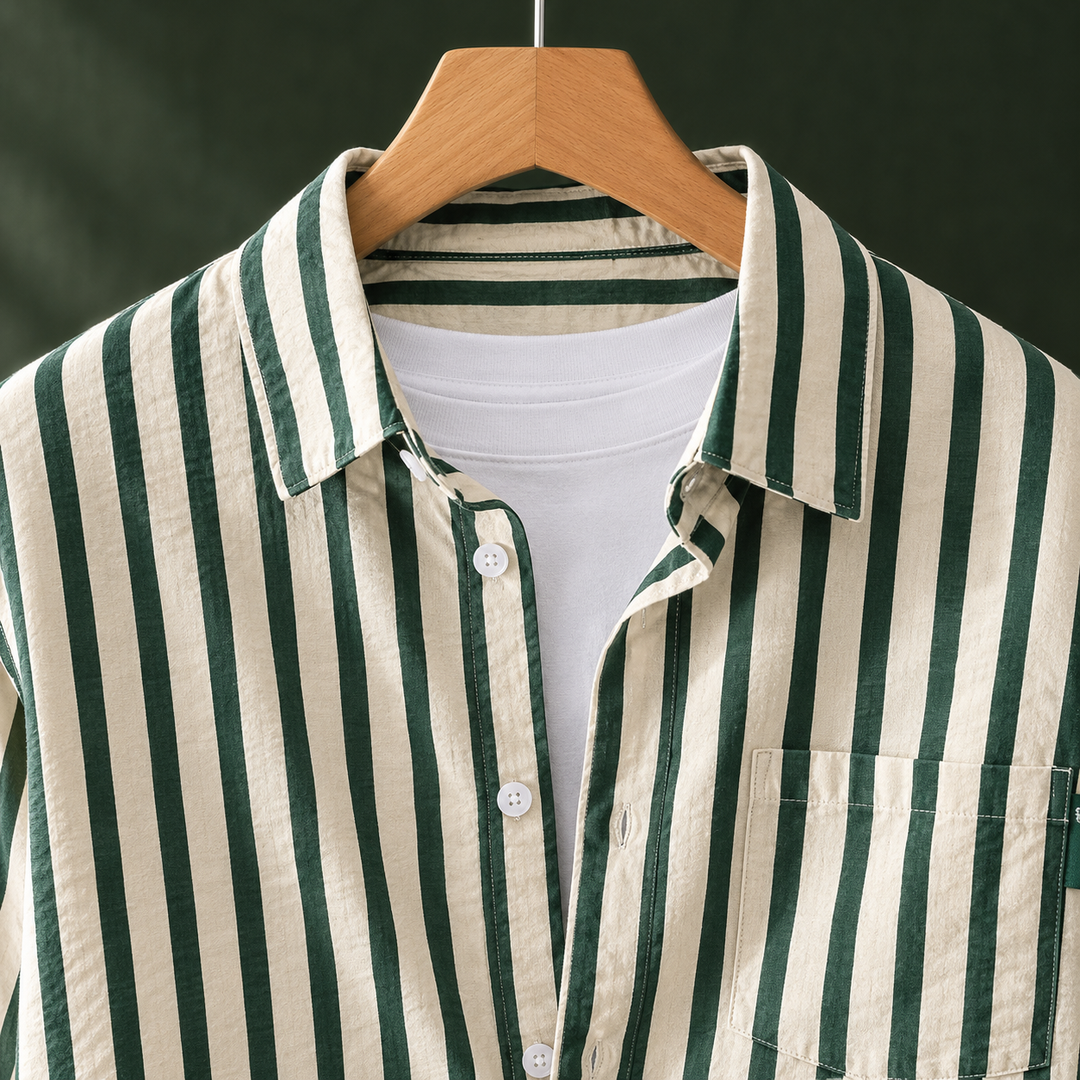 Relaxed Vertical Stripe Button Up Shirt Green Stripe 2