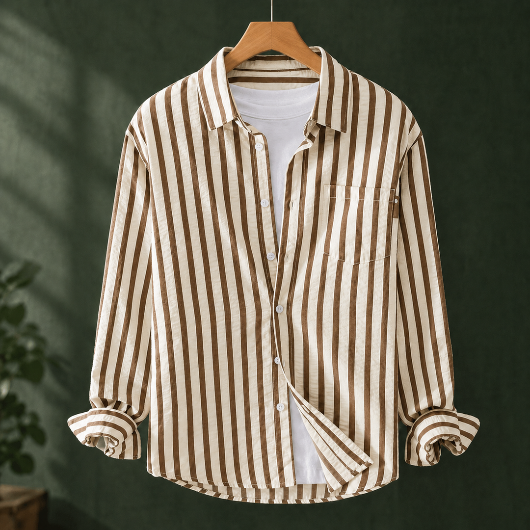 Relaxed Vertical Stripe Button Up Shirt Khaki Stripe 1