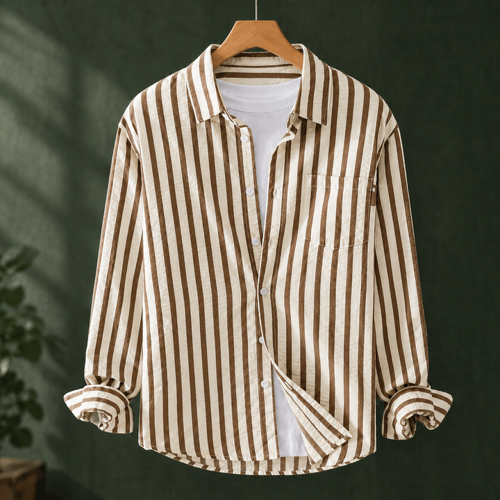Relaxed Vertical Stripe Button Up Shirt Khaki Stripe 1