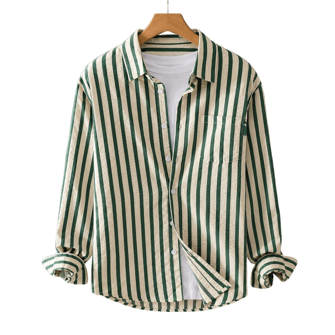 Relaxed Vertical Stripe Button Up Shirt on white