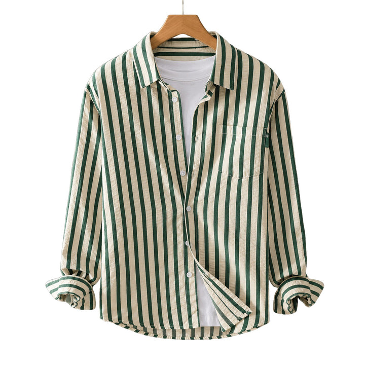 Relaxed Vertical Stripe Button Up Shirt on white