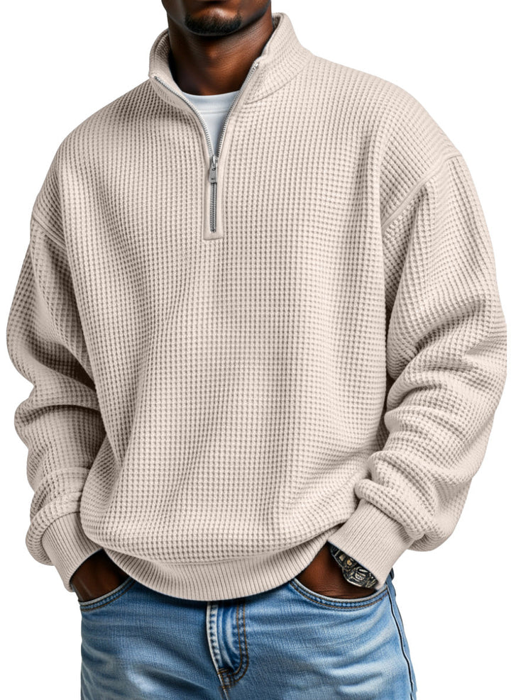 Relaxed Waffle Knit Half Zip Stand Collar Pullover Set of 2 Beige 1
