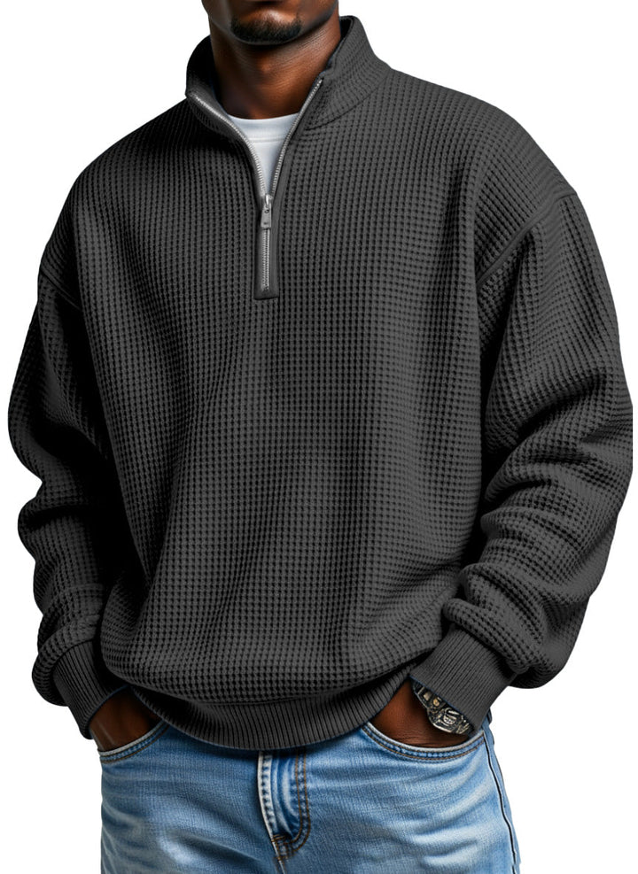 Relaxed Waffle Knit Half Zip Stand Collar Pullover Set of 2 Black 1