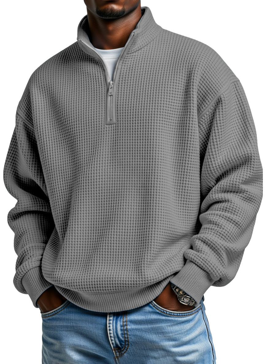 Relaxed Waffle Knit Half Zip Stand Collar Pullover Set of 2 Gray 1