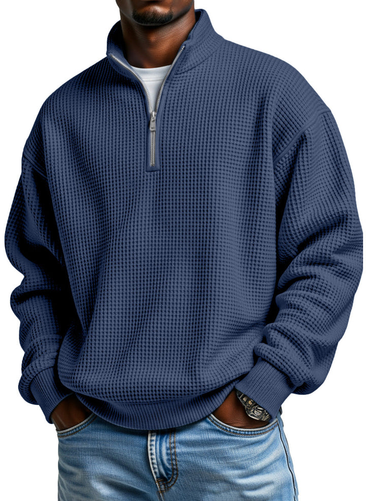 Relaxed Waffle Knit Half Zip Stand Collar Pullover Set of 2 Navy 1