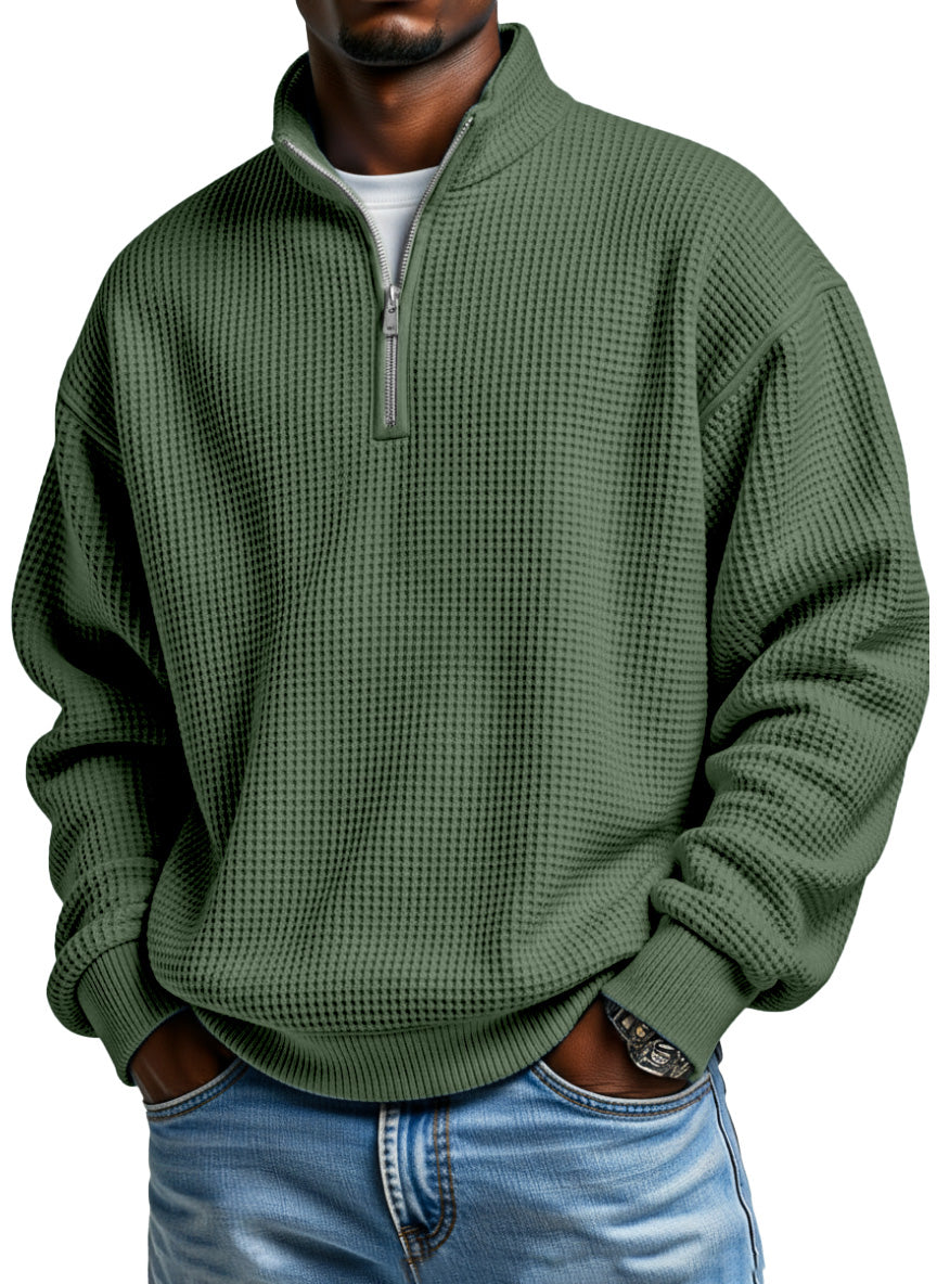 Relaxed Waffle Knit Half Zip Stand Collar Pullover Set of 2 Olive 1