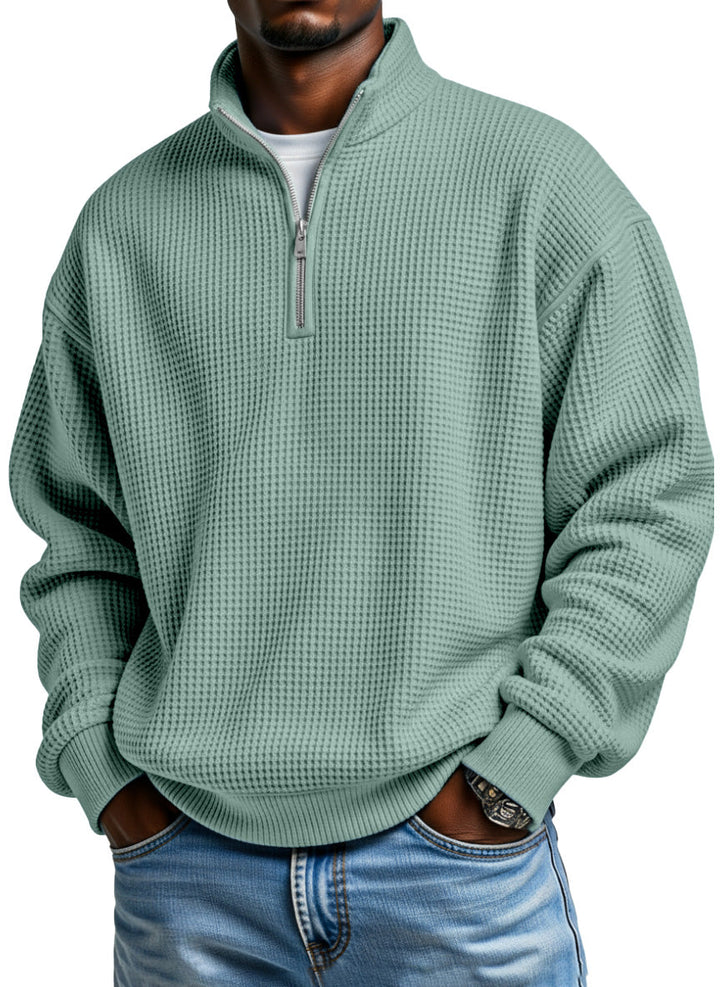 Relaxed Waffle Knit Half Zip Stand Collar Pullover Set of 2 Sage Green 1