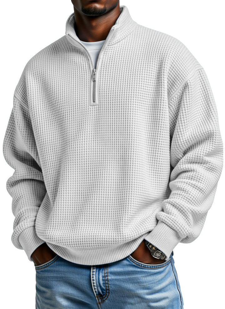 Relaxed Waffle Knit Half Zip Stand Collar Pullover Set of 2 White 1