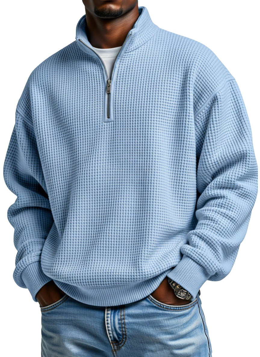 Relaxed Waffle Knit Half Zip Stand Collar Pullover Set of 2 on white